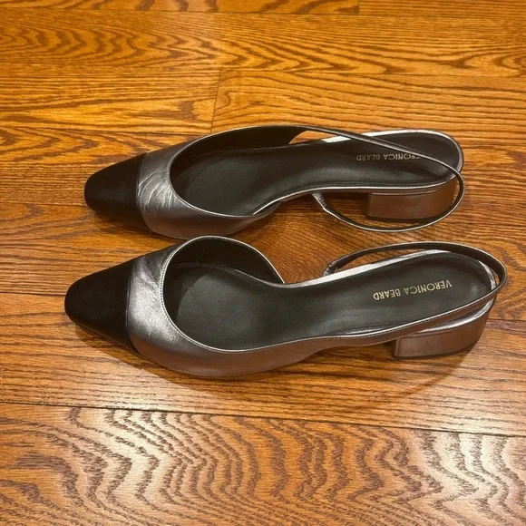Veronica Beard Tuckernuck Cecile Slingback Heel Black Silver Leather Size 10 - Picture 7 of 13